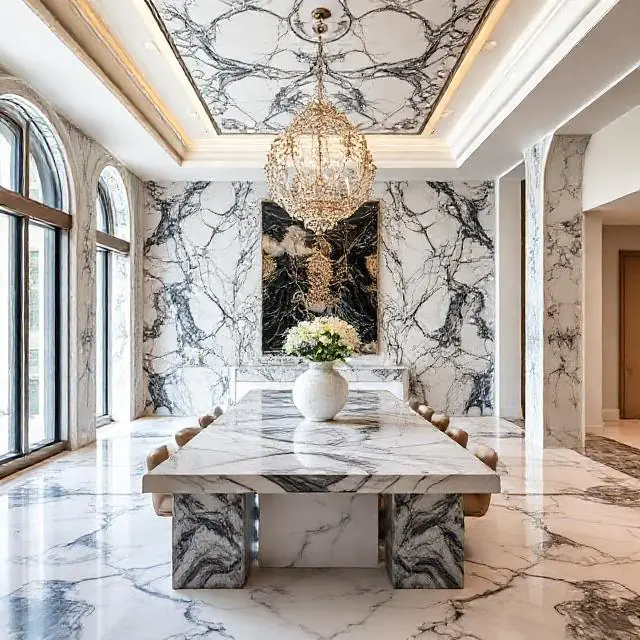 Interiors with Marble Bookmatching and Waterfall Edges