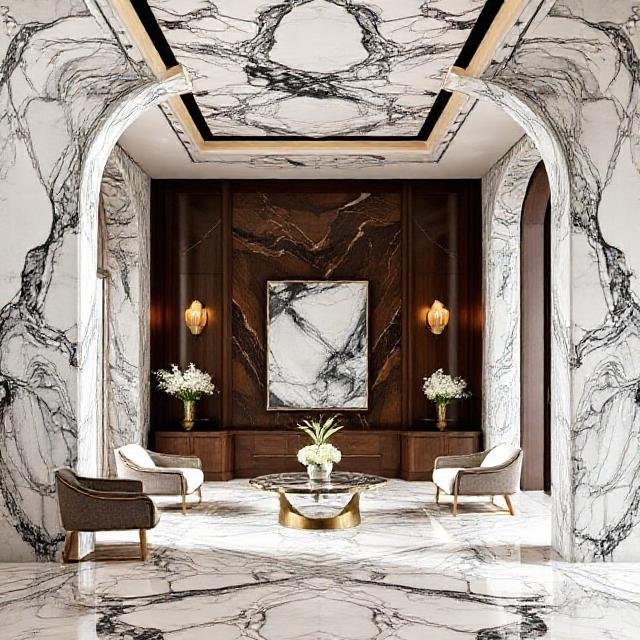 Interiors with Marble Bookmatching and Waterfall Edges