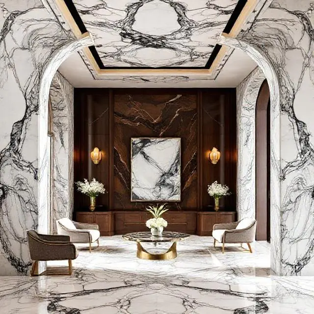 Interiors with Marble Bookmatching and Waterfall Edges