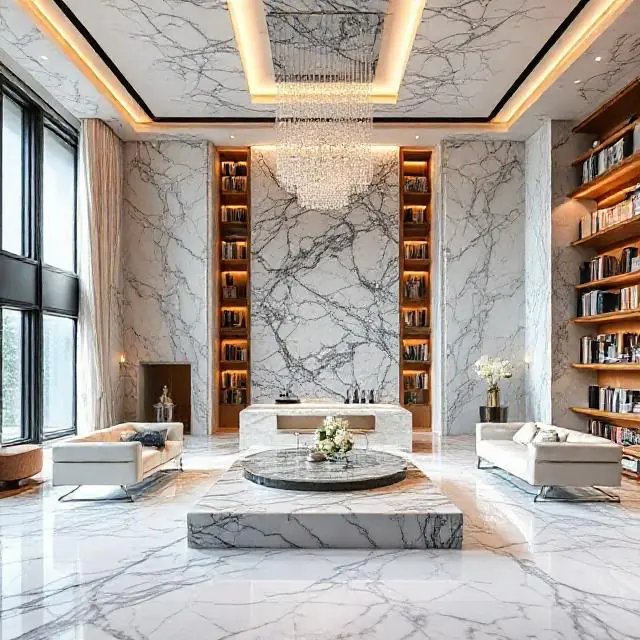 Interiors with Marble Bookmatching and Waterfall Edges
